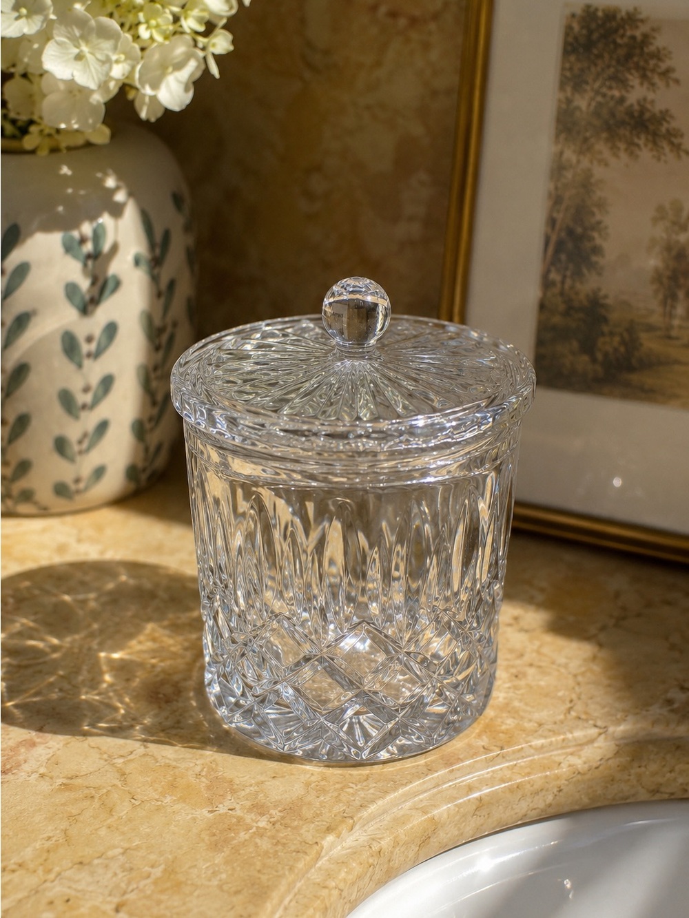 Clear Cut Glass Lidded Canister - Elegant Crystal Look